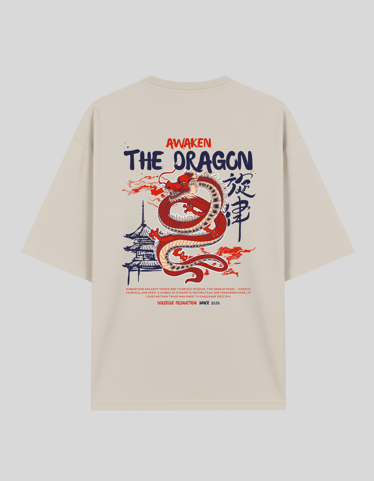 Unisex Beige Awaken The Dragon Typography Printed Pure Cotton Oversized T-shirt