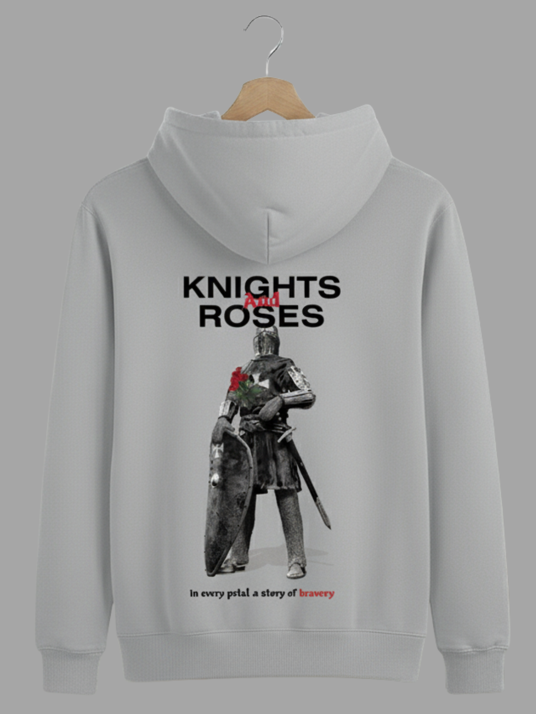 Unisex Grey Knights and Roses Typography Printed Woolen Hoodie