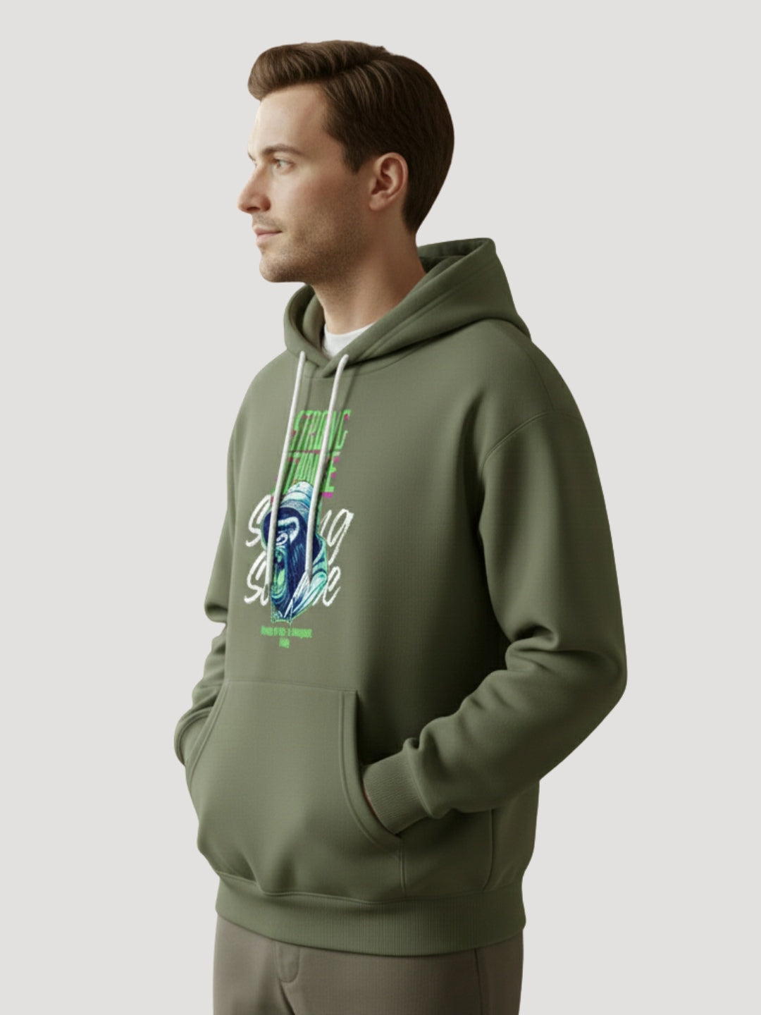STYLEOX Men’s Graphic Hoodie – “Strong Stance Bear” | Olive Green