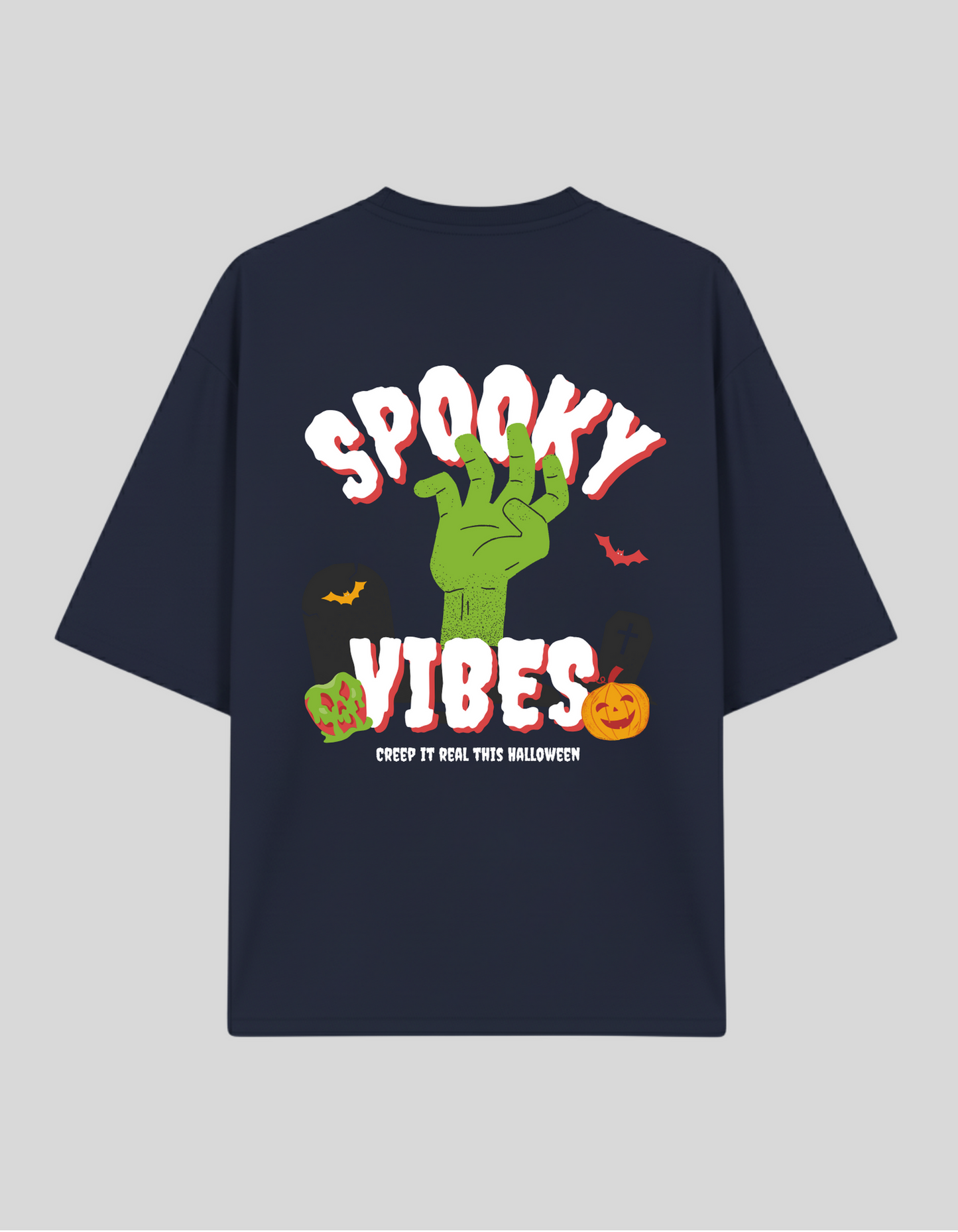 Unisex Navy Blue Spooky Vibes Graphic Printed Pure Cotton Oversized T-shirt