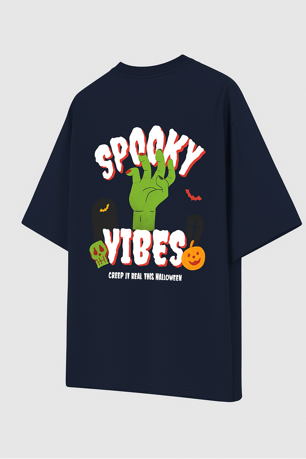 Unisex Navy Blue Spooky Vibes Graphic Printed Pure Cotton Oversized T-shirt