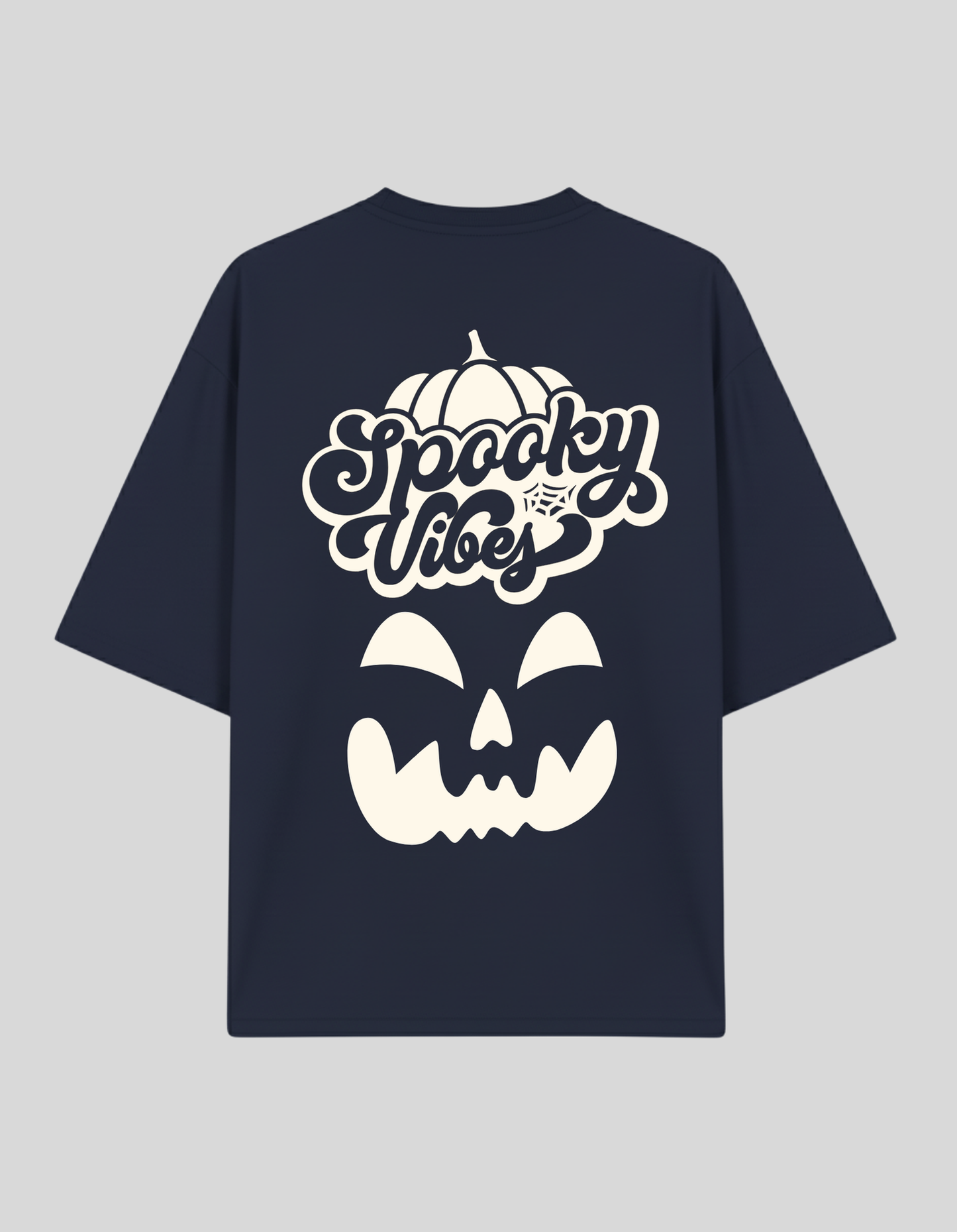 Unisex Navy Blue Spooky Vibes Pumpkin Graphic Printed Pure Cotton Oversized T-shirt
