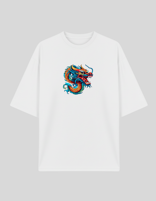 Unisex White Chinese Dragon Graphic Printed Pure Cotton Oversized T-shirt