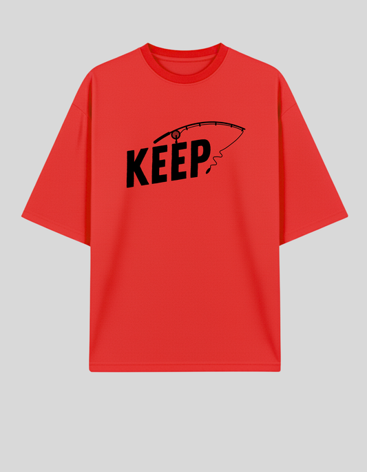 Unisex Red Keep Fishing Graphic Printed Pure Cotton Oversized T-shirt