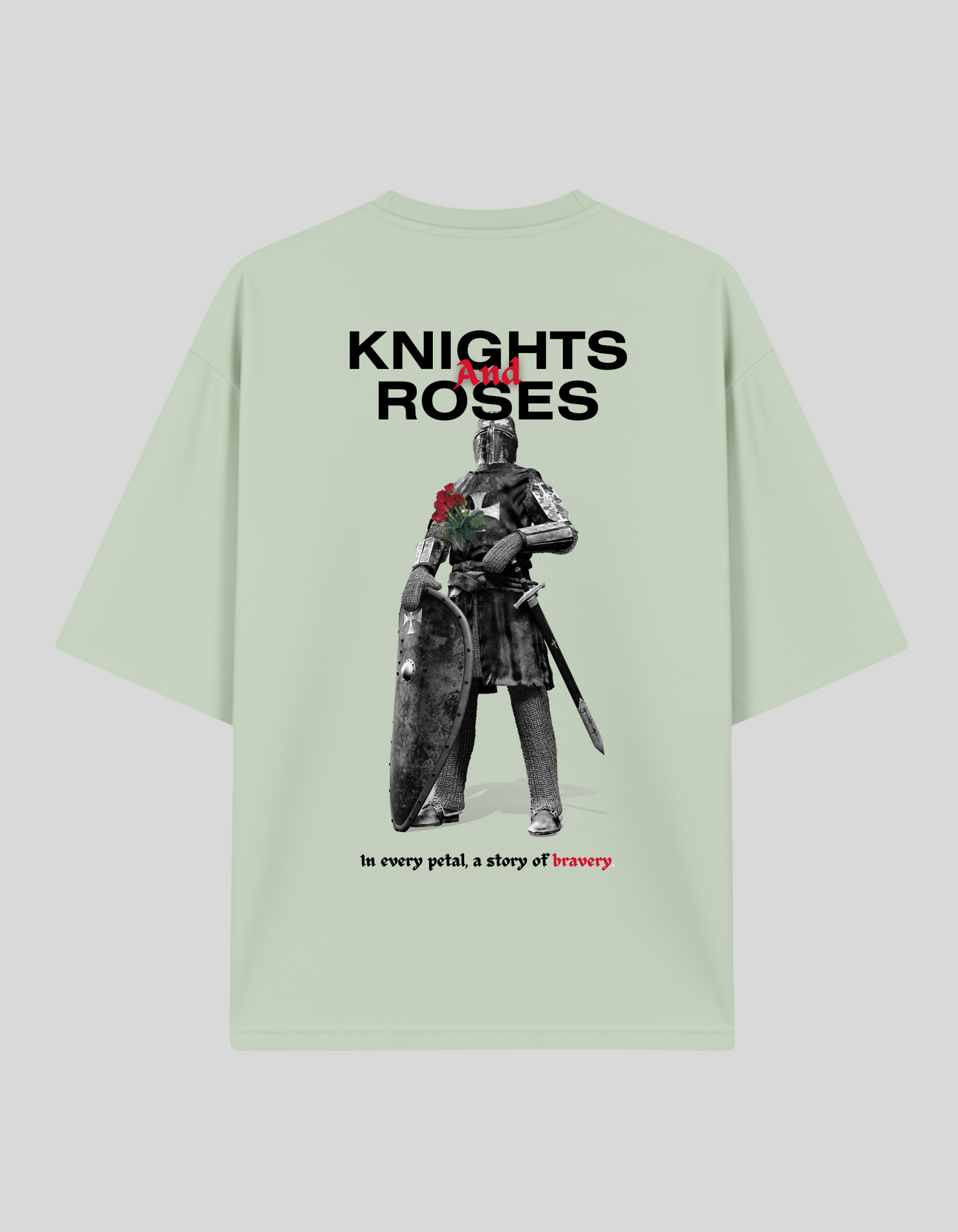 Unisex Mint Green Knights and Roses Typography Printed Pure Cotton Oversized T-shirt