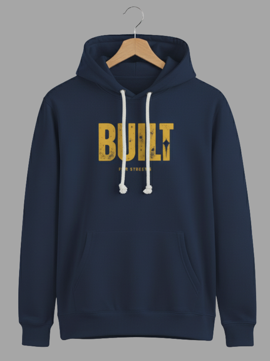 Unisex Navy Blue Built For Streets Distressed Typography Woolen  Hoodie