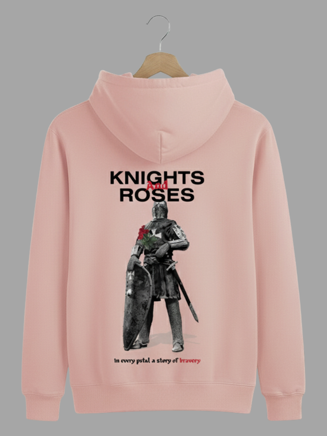 Unisex Pink Knights and Roses Typography Printed Woolen Hoodie