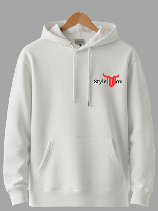 Unisex White Signature Bull Logo Printed Woolen Hoodie