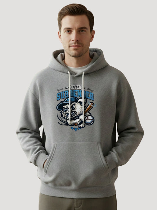 STYLEOX Men’s Graphic Printed Hoodie – “Never Surrender” | Grey