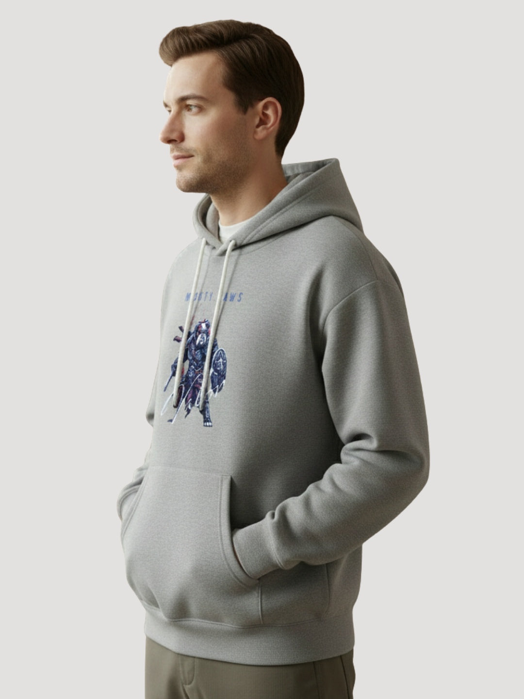 STYLEOX Men’s Graphic Printed Hoodie – “Mighty Paws Warrior” | Grey