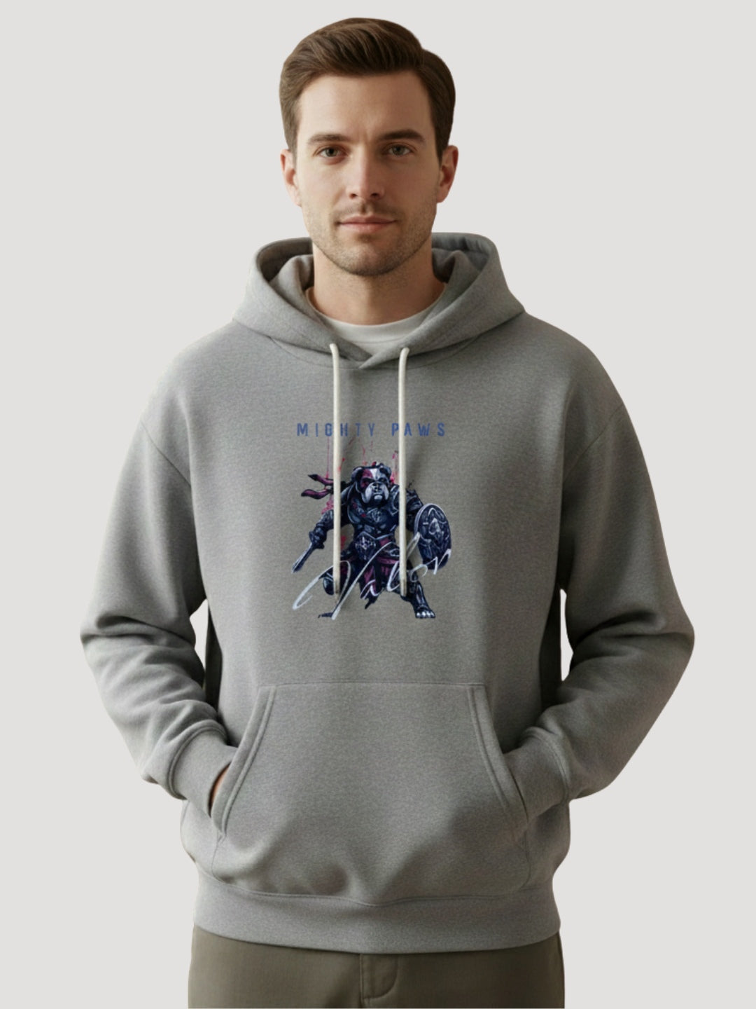 STYLEOX Men’s Graphic Printed Hoodie – “Mighty Paws Warrior” | Grey