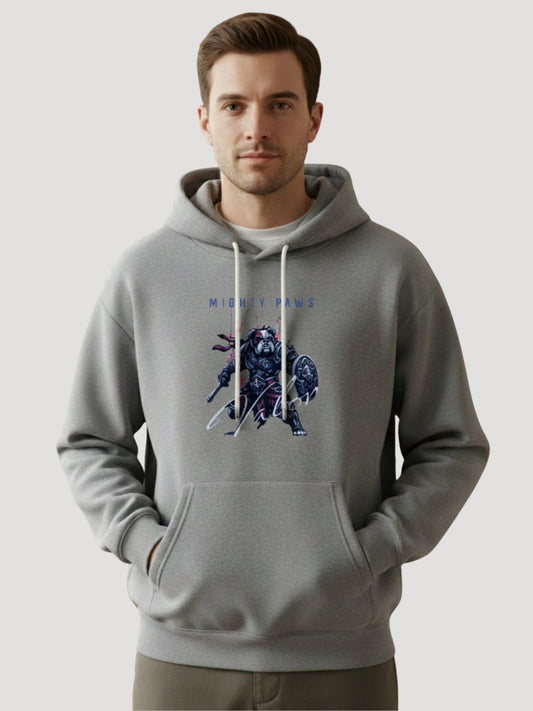 STYLEOX Men’s Graphic Printed Hoodie – “Mighty Paws Warrior” | Grey
