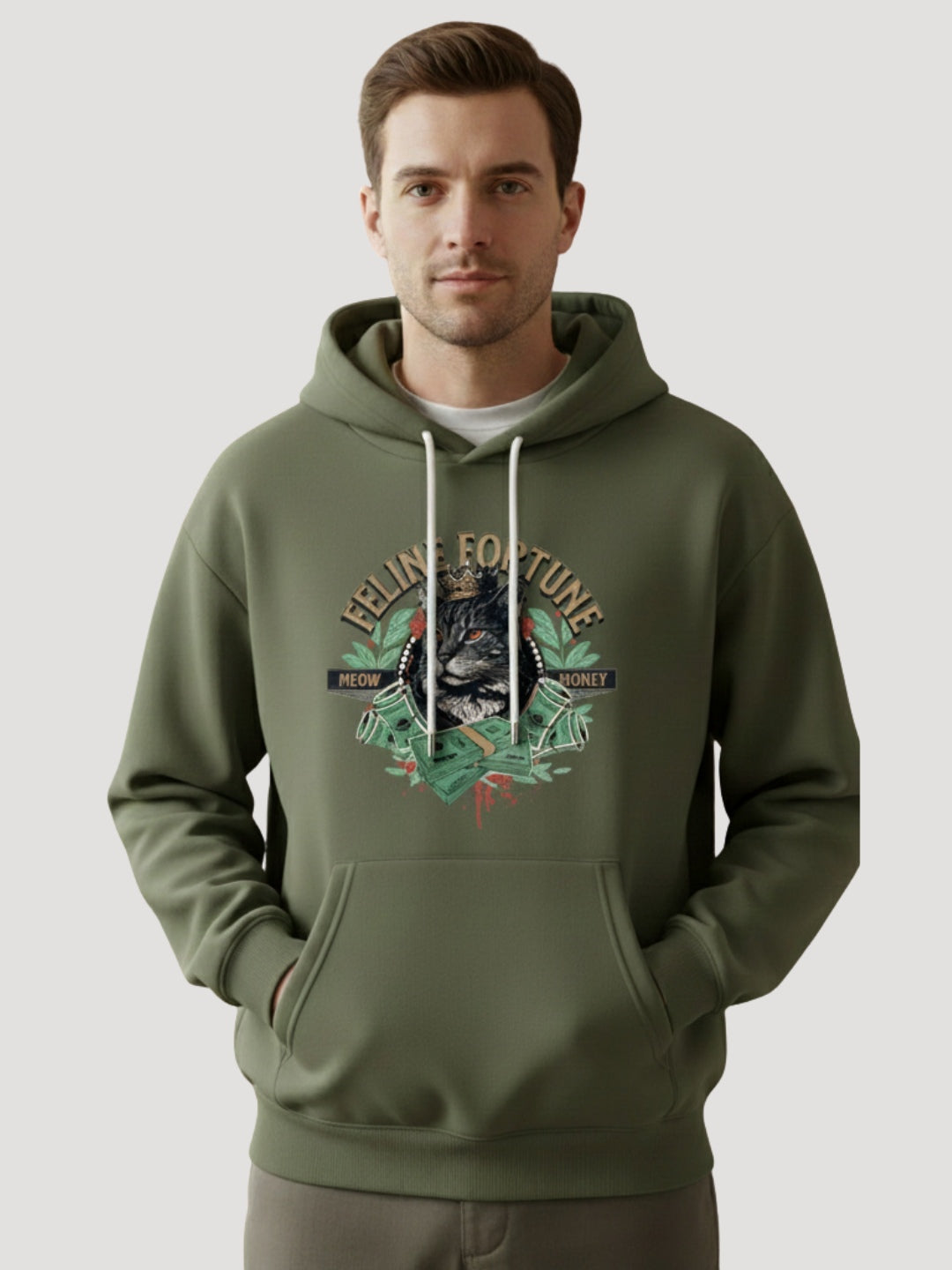 STYLEOX Men’s Graphic Hoodie – “Feline Fortune” | Olive Green