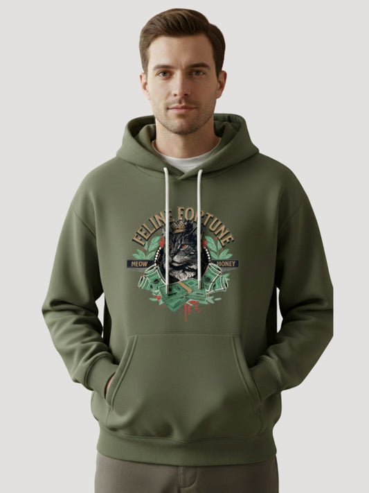 STYLEOX Men’s Graphic Hoodie – “Feline Fortune” | Olive Green