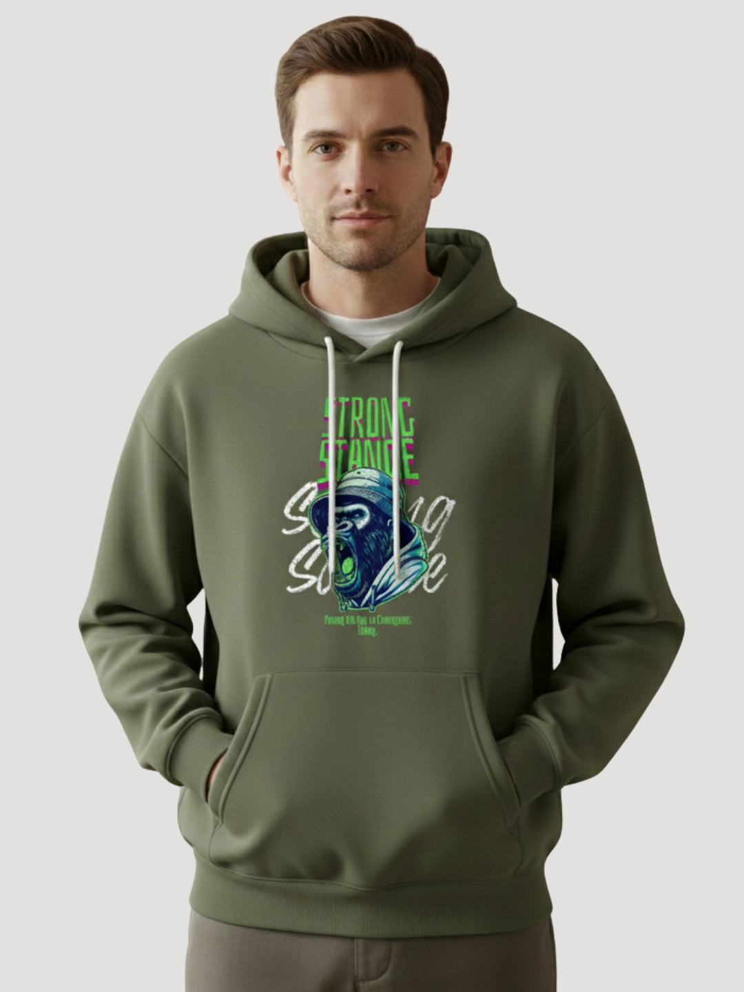 STYLEOX Men’s Graphic Hoodie – “Strong Stance Bear” | Olive Green