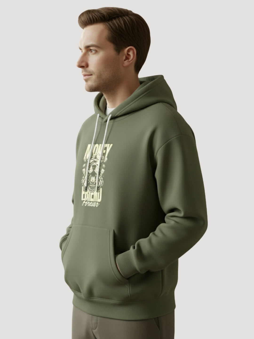 STYLEOX Men’s Graphic Hoodie – “Money Friend Forever” | Olive Green