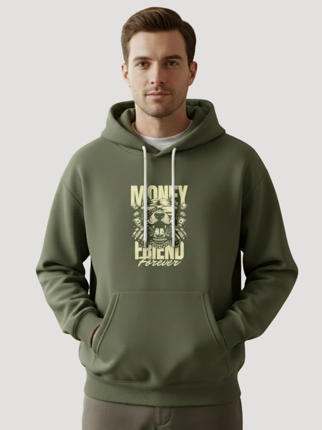 STYLEOX Men’s Graphic Hoodie – “Money Friend Forever” | Olive Green