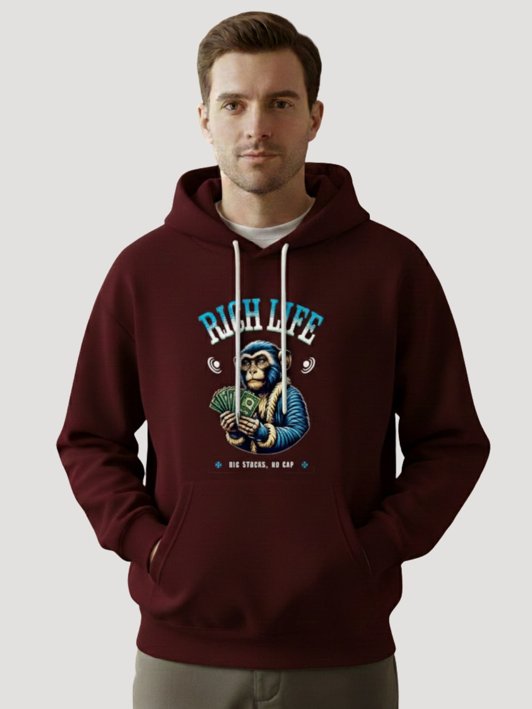 STYLEOX Men’s Graphic Hoodie – “Rich Life Gorilla” | Maroon