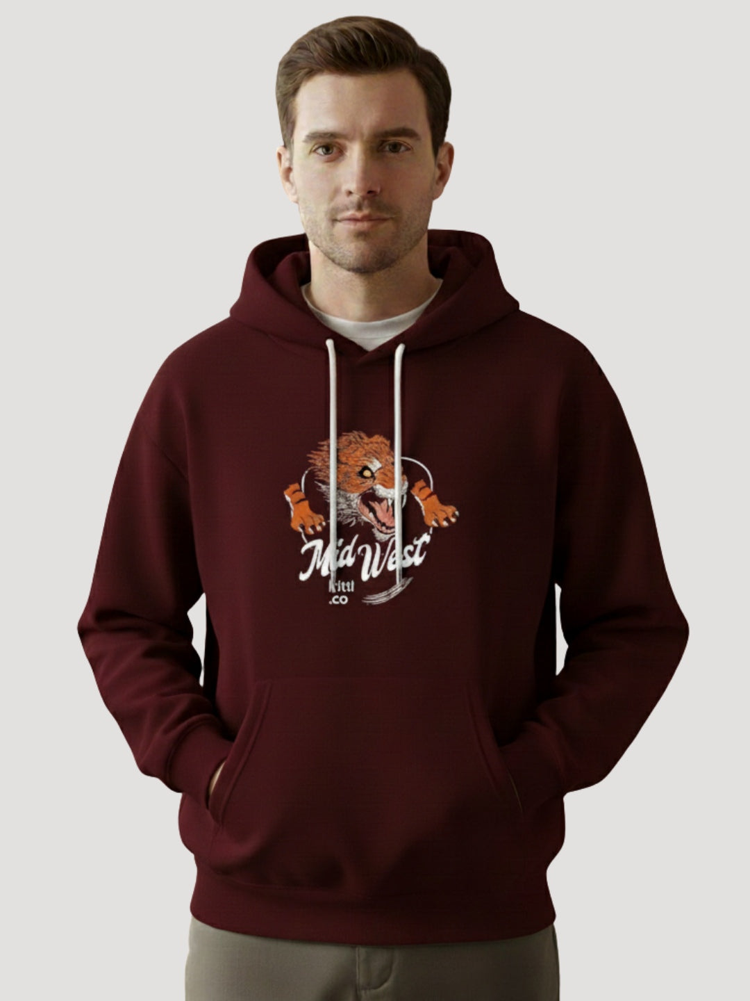 STYLEOX Men’s Graphic Hoodie – “MidWest Wild Co.” Tiger Print | Maroon