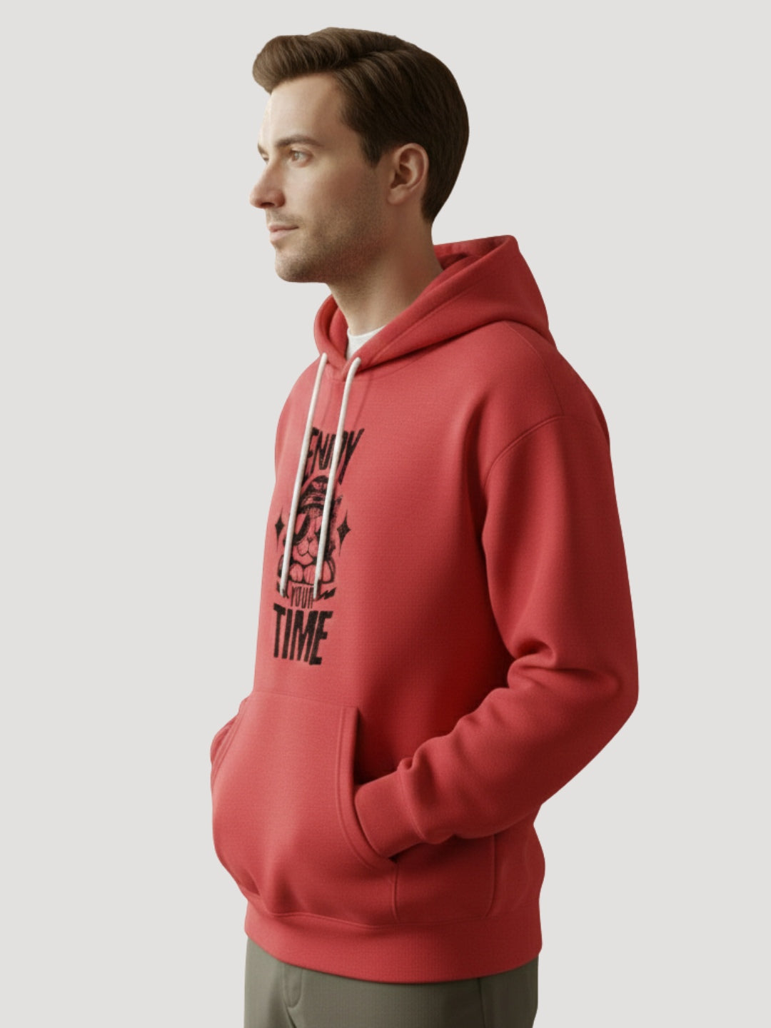 STYLEOX Men’s Graphic Hoodie – “Enjoy Your Time” Retro Cat Print | Red