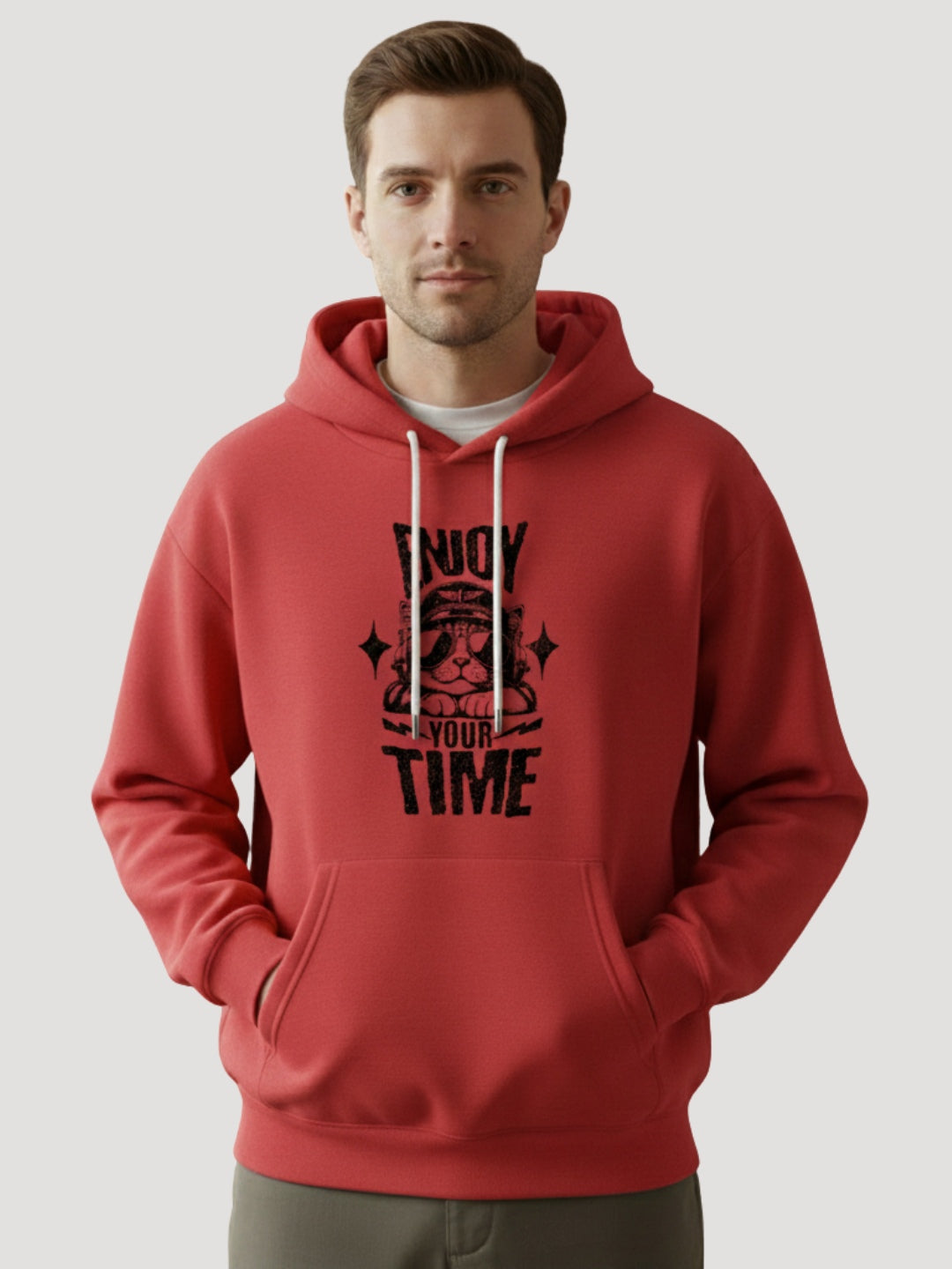 STYLEOX Men’s Graphic Hoodie – “Enjoy Your Time” Retro Cat Print | Red