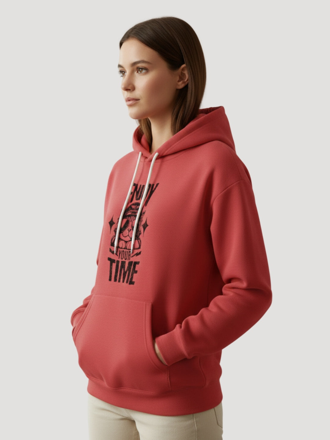STYLEOX Women’s Graphic Hoodie – “Enjoy Your Time” Cat Print | Red