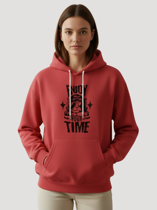 STYLEOX Women’s Graphic Hoodie – “Enjoy Your Time” Cat Print | Red