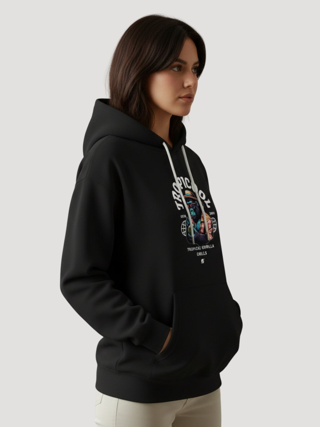 STYLEOX Women Black Tropical Gorilla Graphic Oversized Hoodie