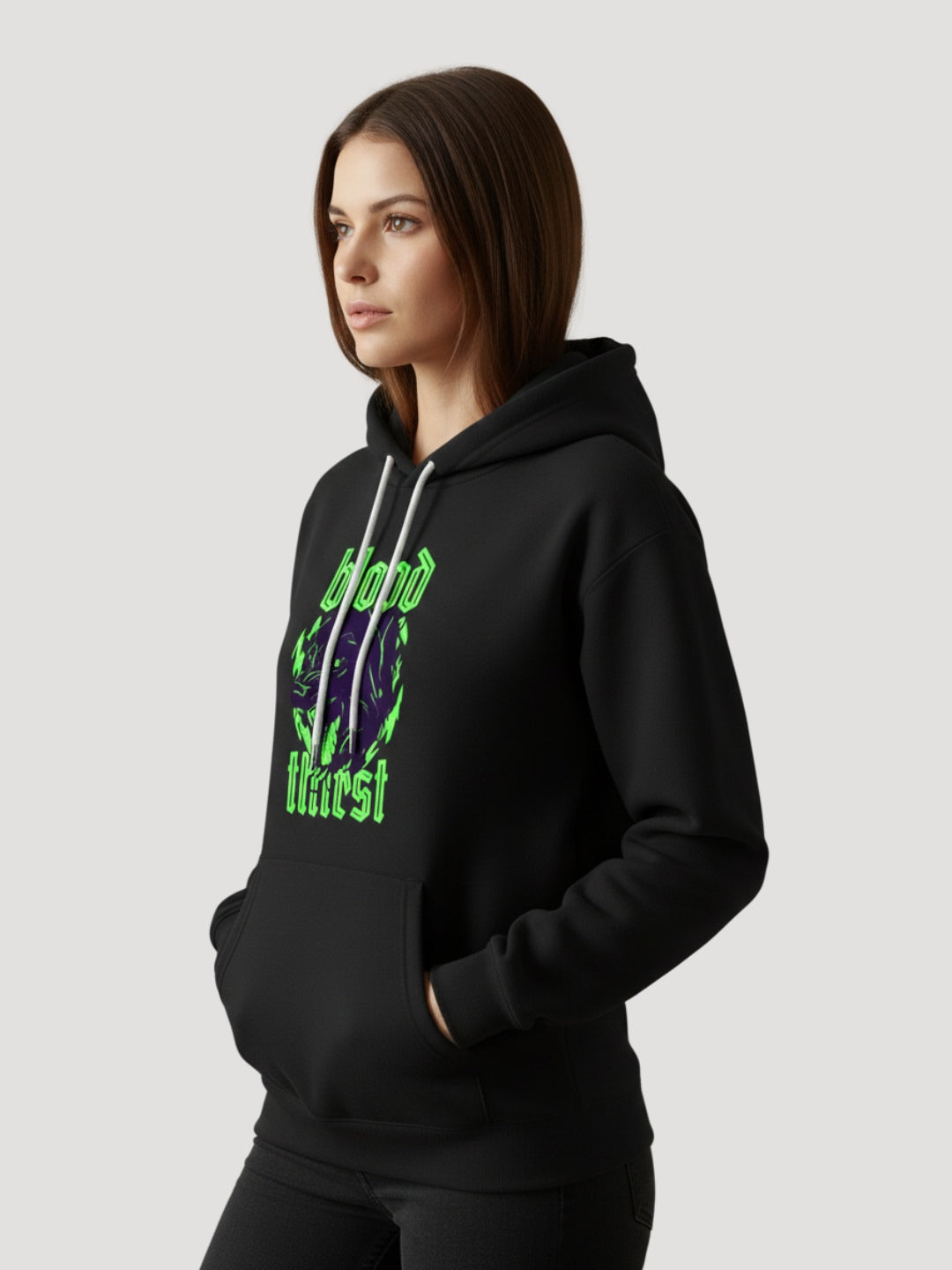 STYLEOX Women Black 'Blood Thirst' Neon Graphic Regular Fit Fleece Hoodie