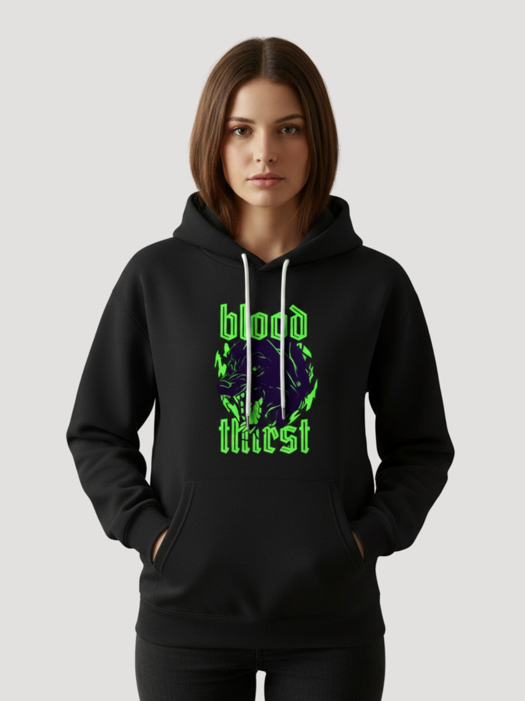 STYLEOX Women Black 'Blood Thirst' Neon Graphic Regular Fit Fleece Hoodie