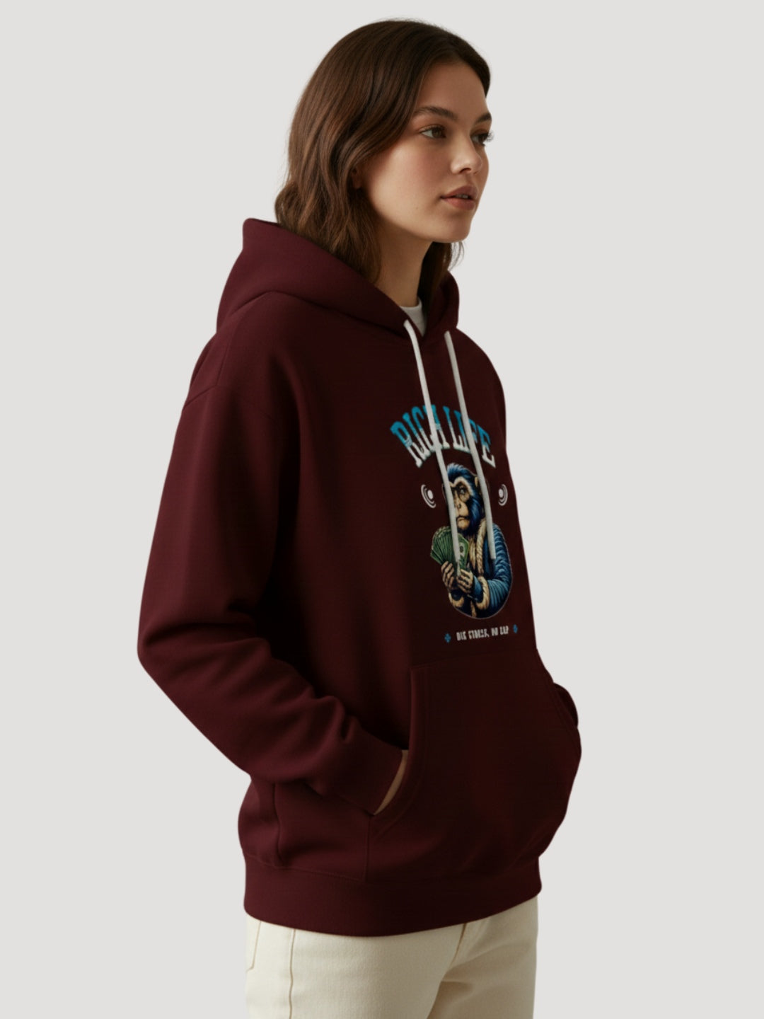 STYLEOX Women Maroon 'Rich Life' Monkey Graphic Regular Fit Fleece Hoodie
