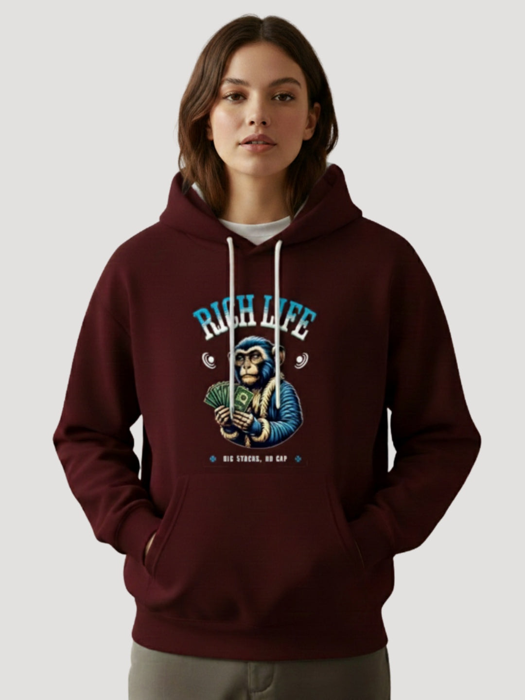 STYLEOX Women Maroon 'Rich Life' Monkey Graphic Regular Fit Fleece Hoodie