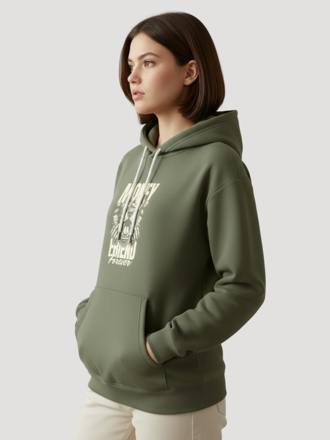 STYLEOX Women Olive 'Money Friend Forever' Graphic Regular Fit Fleece Hoodie