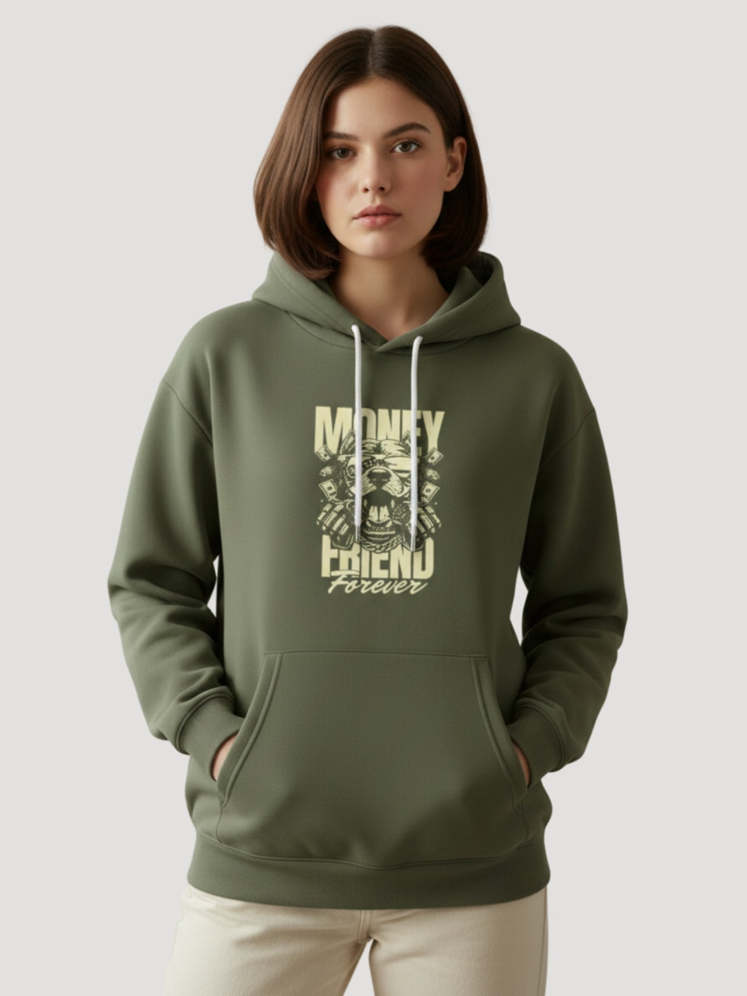 STYLEOX Women Olive 'Money Friend Forever' Graphic Regular Fit Fleece Hoodie
