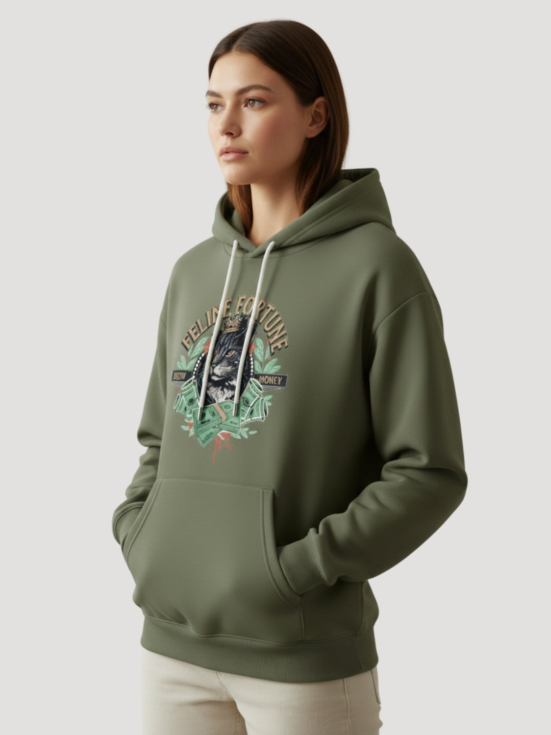 STYLEOX Women Olive 'Feline Fortune' Cat Graphic Regular Fit Fleece Hoodie