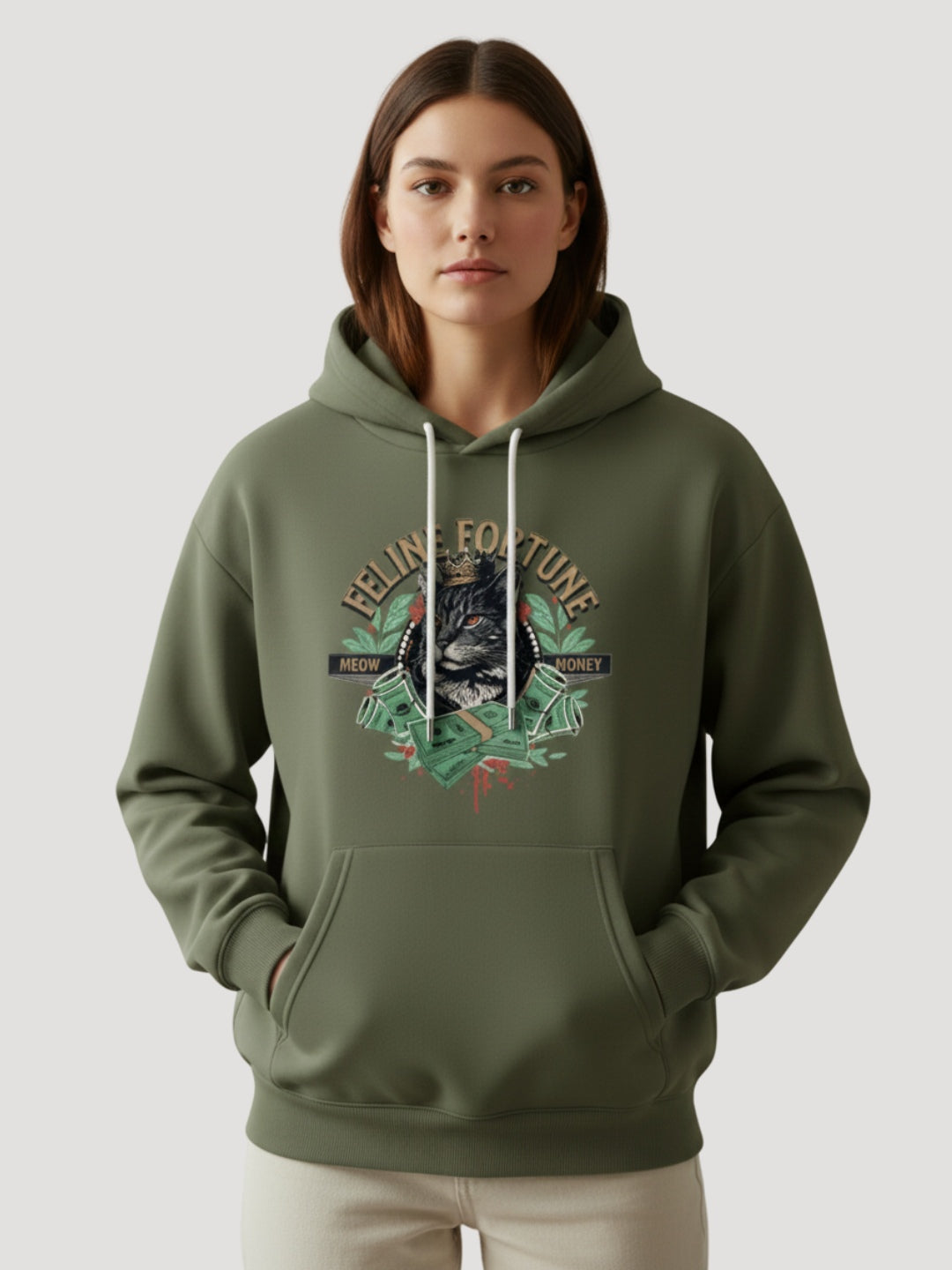 STYLEOX Women Olive 'Feline Fortune' Cat Graphic Regular Fit Fleece Hoodie