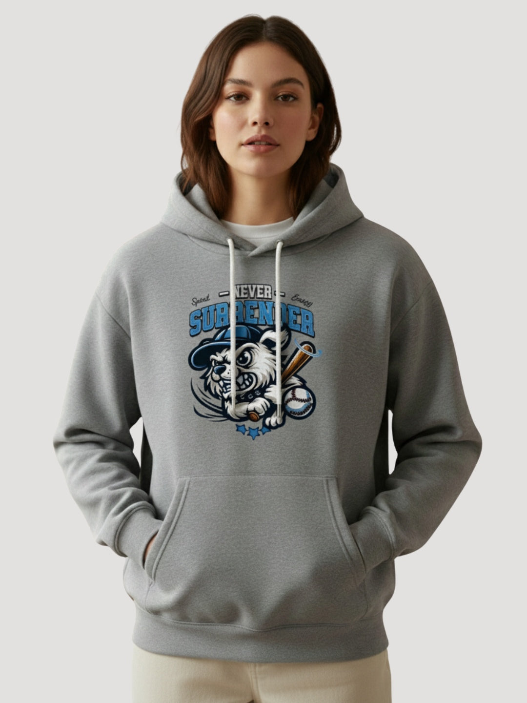 STYLEOX Women Grey 'Never Surrender' Baseball Graphic Regular Fit Fleece Hoodie