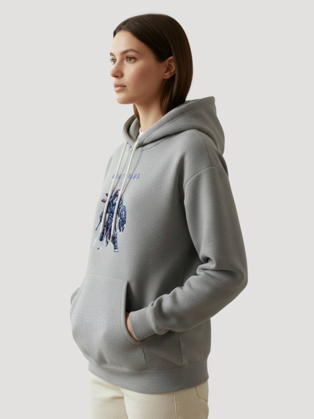 STYLEOX Women Grey 'Mighty Paws' Samurai Graphic Regular Fit Fleece Hoodie