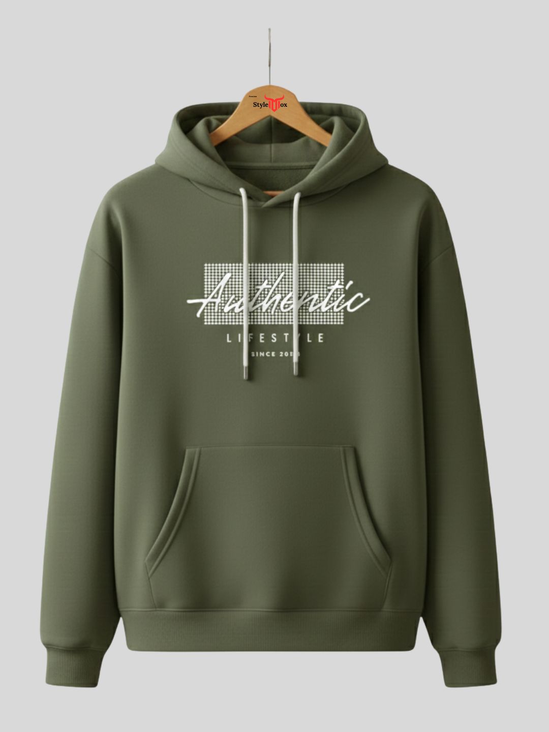 Styleox Unisex Olive Green "Authentic Lifestyle" Printed Regular Fit Hoodie