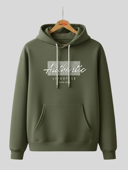 Styleox Unisex Olive Green "Authentic Lifestyle" Printed Regular Fit Hoodie