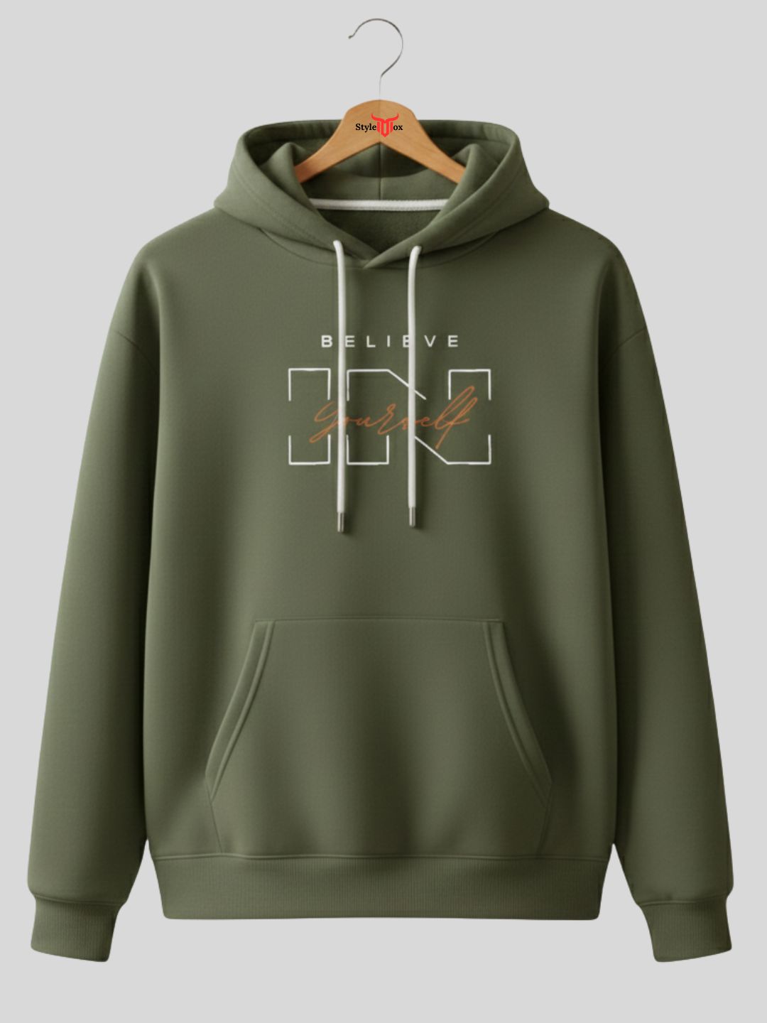 Styleox Unisex Olive Green "Believe in Yourself" Printed Regular Fit Hoodie