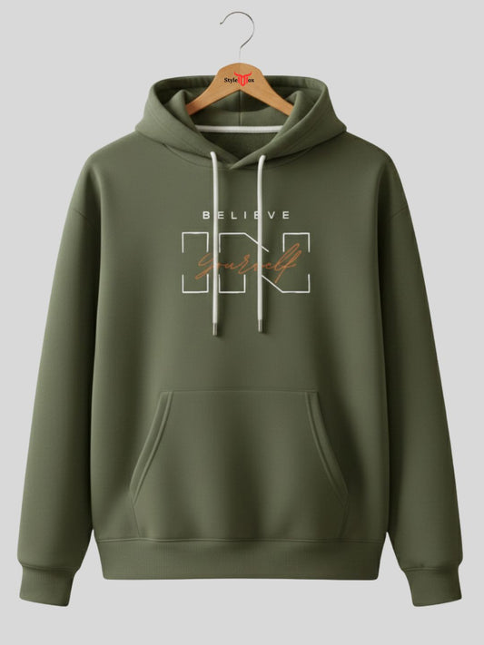 Styleox Unisex Olive Green "Believe in Yourself" Printed Regular Fit Hoodie