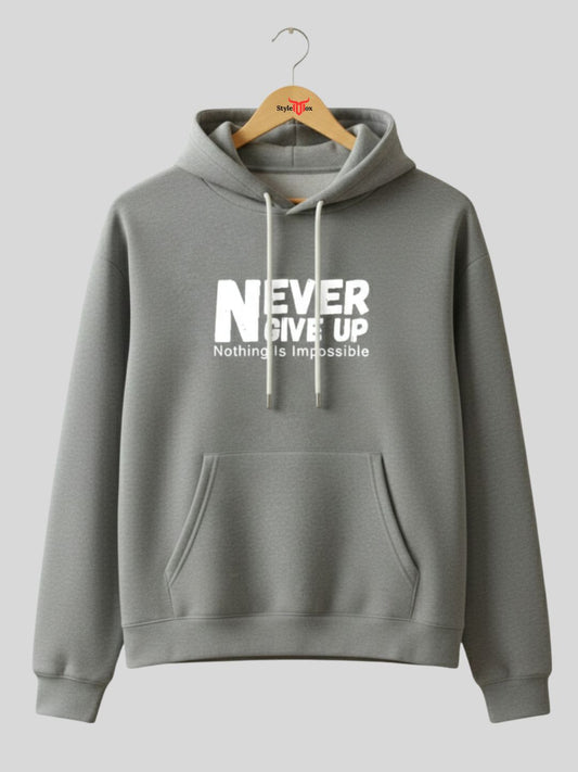 Styleox Unisex Grey "Never Give Up" Motivational Printed Regular Fit Hoodie