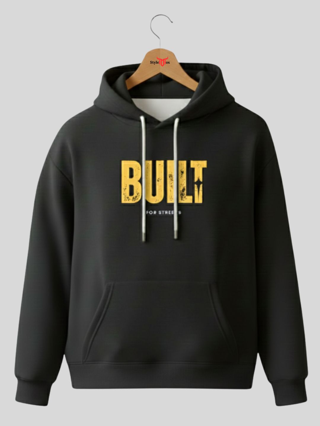 Styleox Unisex Black "BUILT For Strength" Typography Printed Regular Fit Hoodie