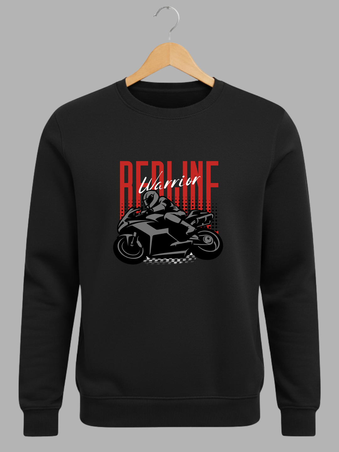 Black Redline Warrior Motorcycle Graphic Printed Woolen Sweatshirt