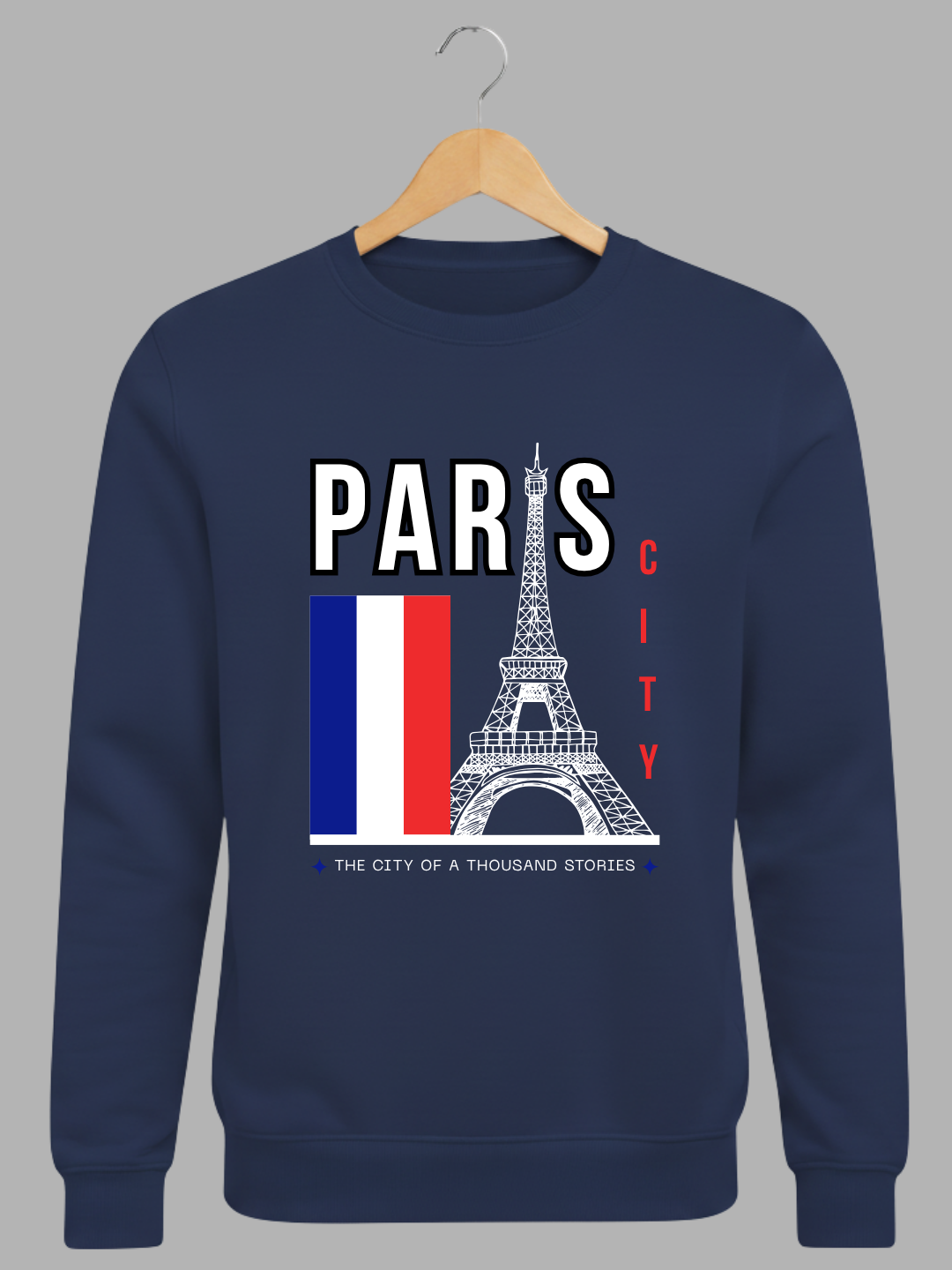 Navy Blue Paris City Eiffel Tower Graphic Printed Woolen Sweatshirt