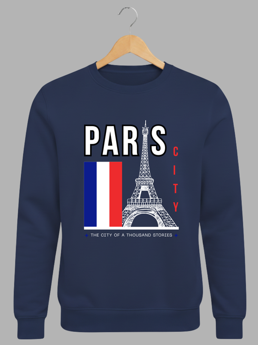 Navy Blue Paris City Eiffel Tower Graphic Printed Woolen Sweatshirt