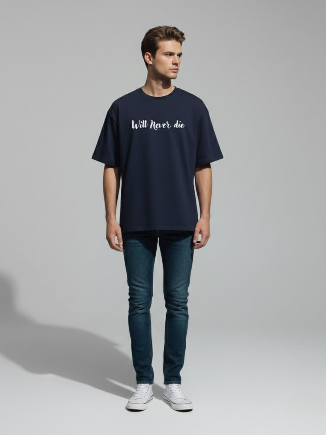 STYLEOX Navy Blue Typography Printed Oversized Round Neck Unisex T-Shirt