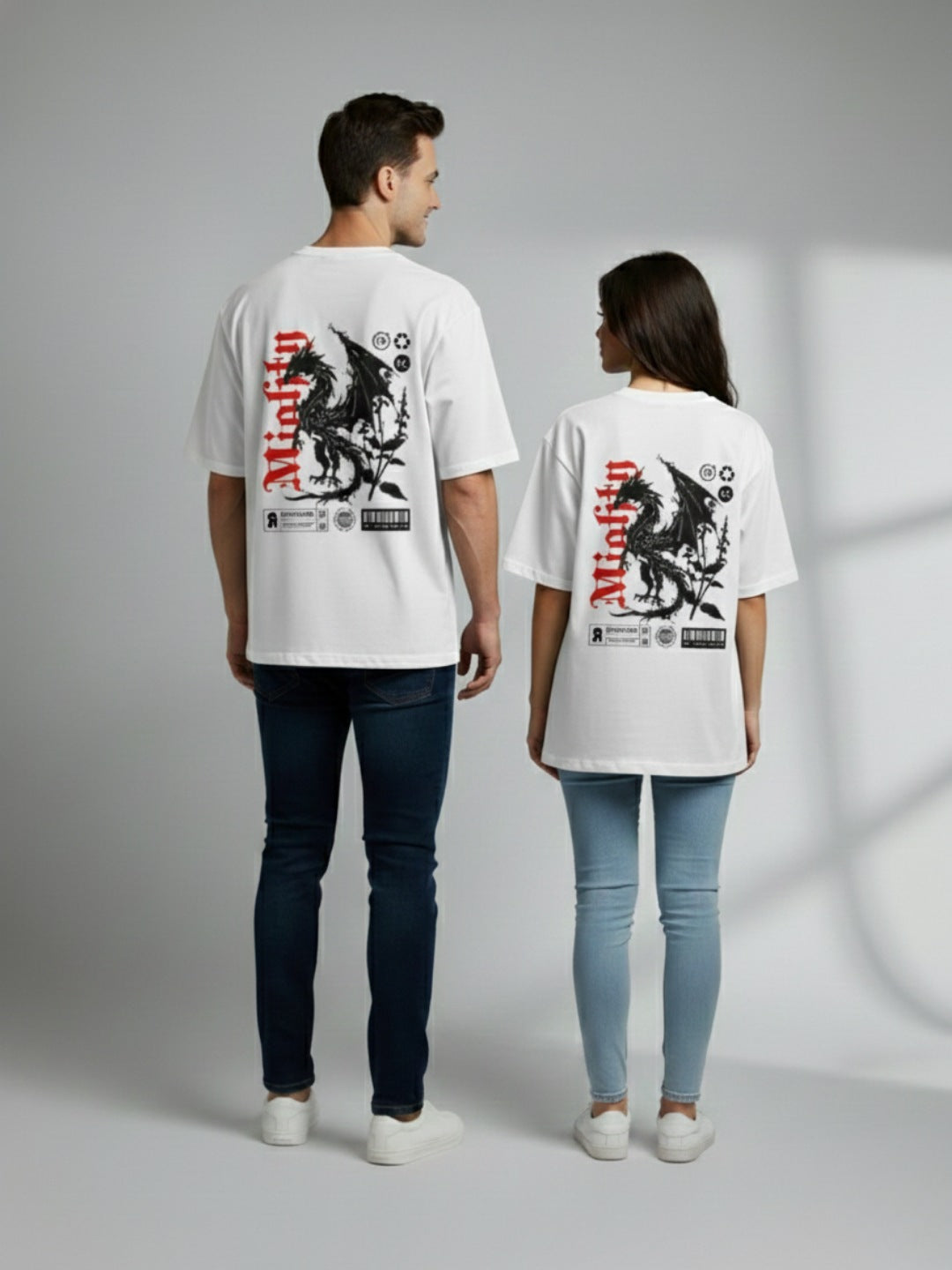 STYLEOX White Crusel Graphic Printed Oversized Round Neck Unisex T-Shirt