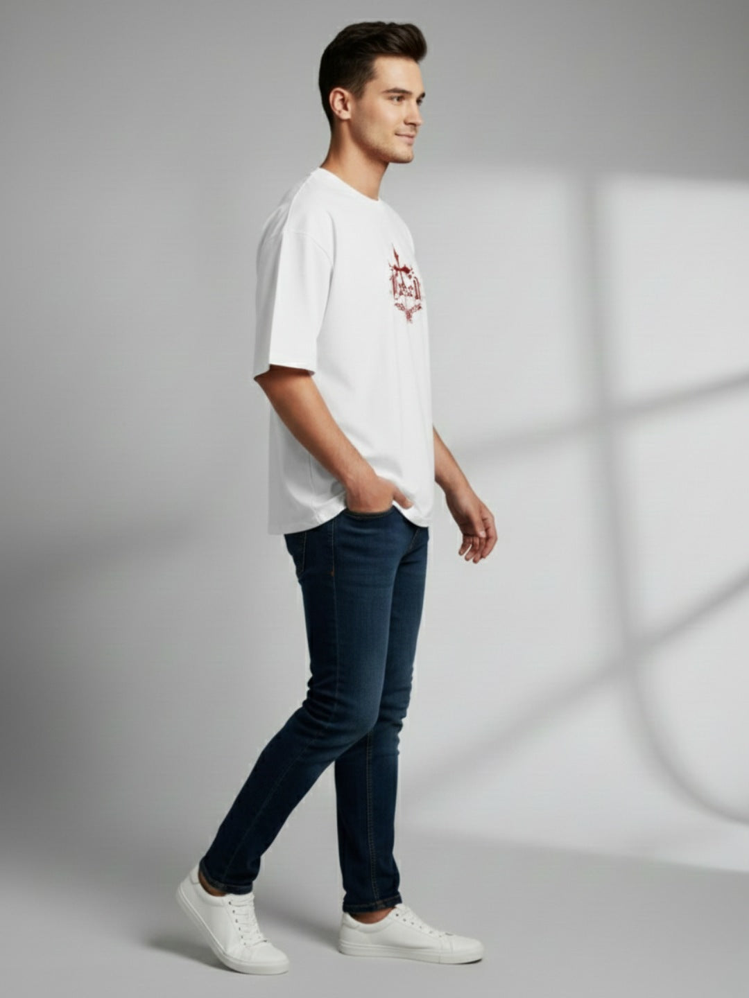 STYLEOX White Crusel Graphic Printed Oversized Round Neck Unisex T-Shirt